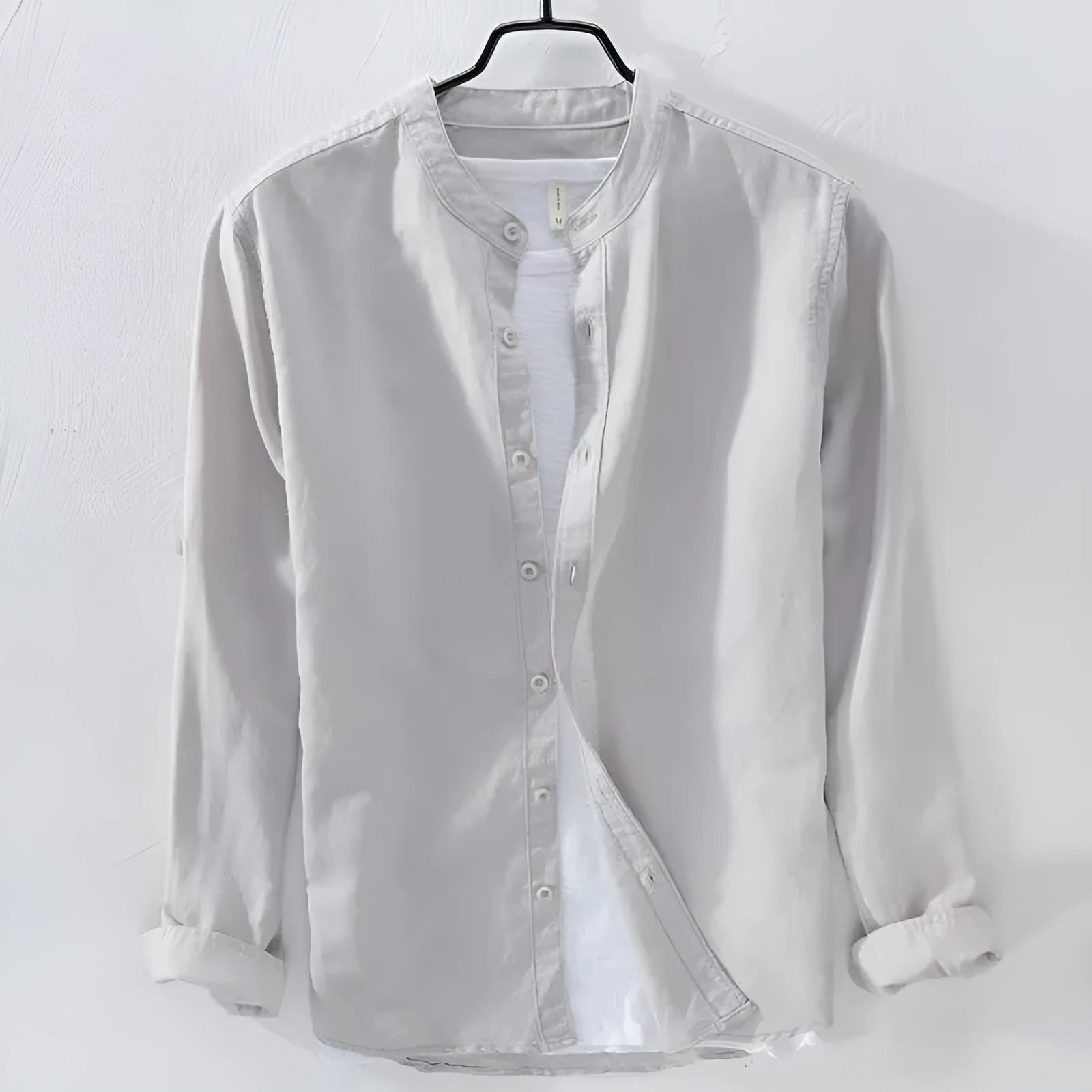 Men's loose fit long sleeve casual shirt in a cotton linen fabric, shown in a solid colour.