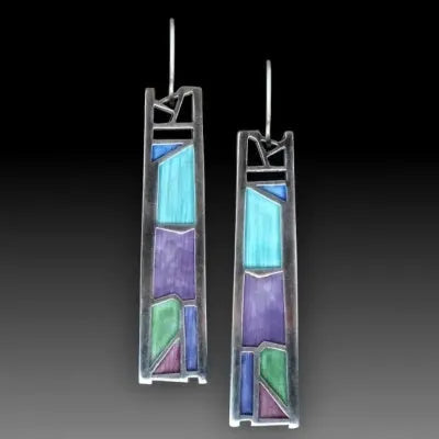 Silver water drop shaped women's earrings with irregular oil colour texture