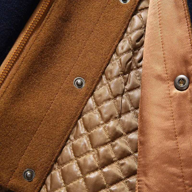 Men's khaki woollen overcoat with double collar and patch pockets