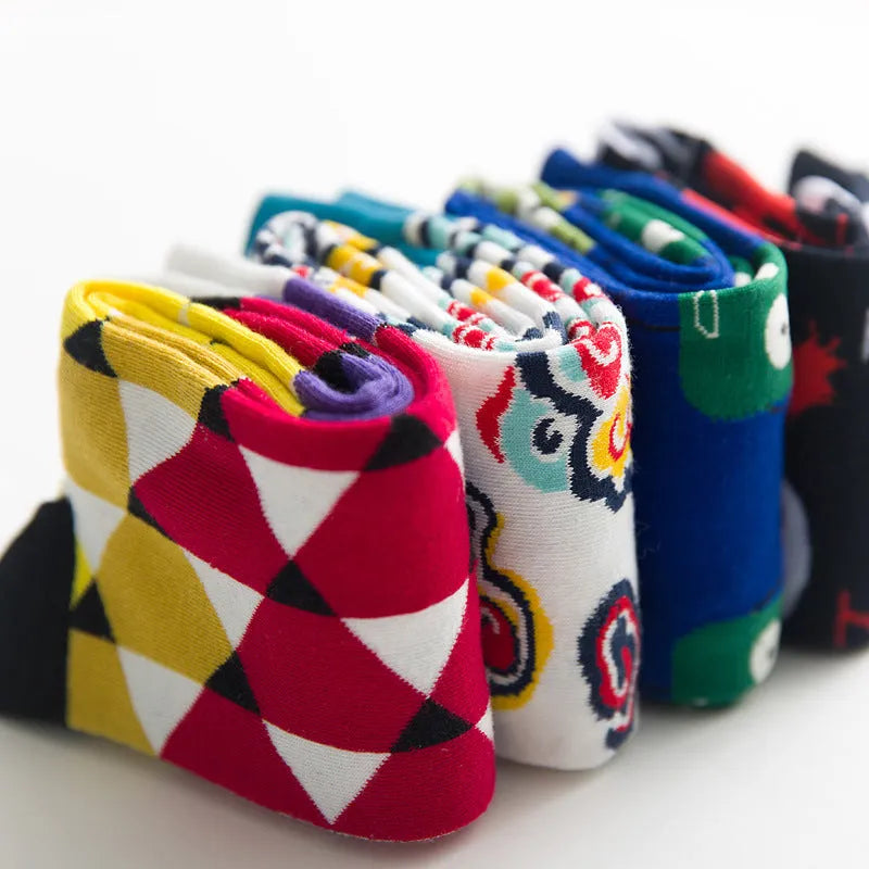 Pair of funny chicken geometry pattern cotton short socks in multicolour design on white background