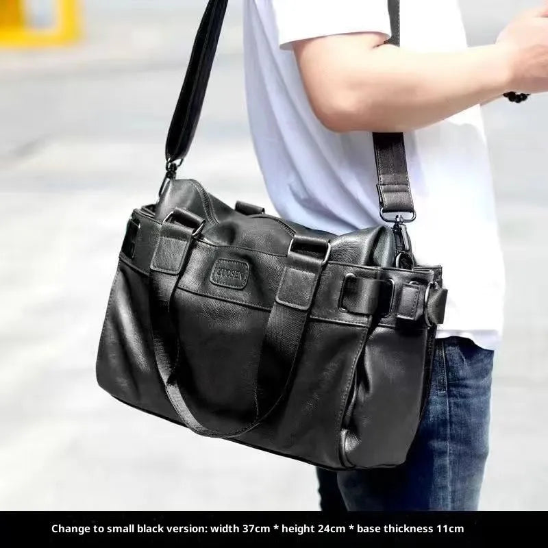 Men's leather messenger bag, large capacity, cowhide lining, black colour, shoulder strap