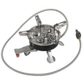 Silver portable split camping stove with stainless steel burner and long hose, shown folded.