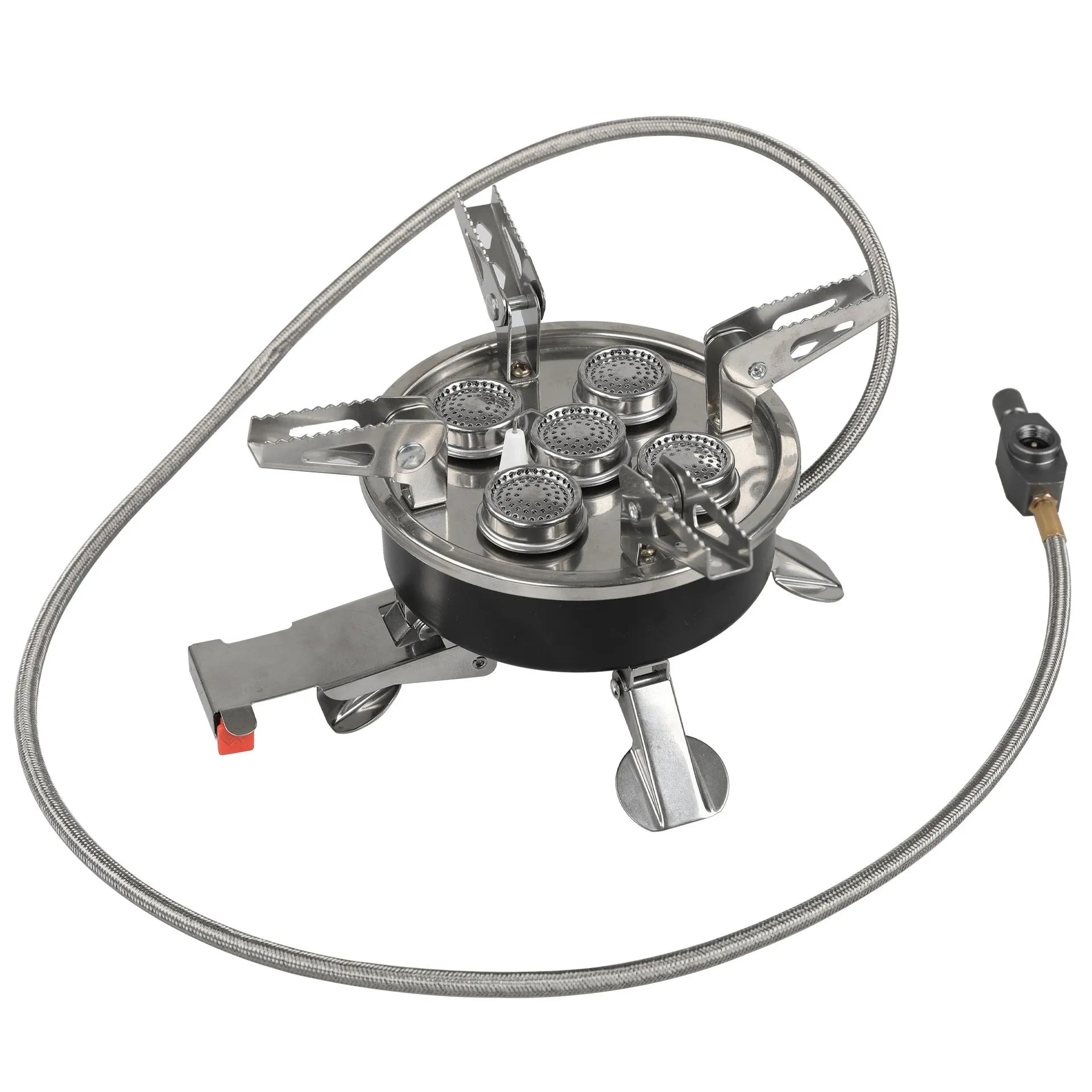Silver portable split camping stove with stainless steel burner and long hose, shown folded.