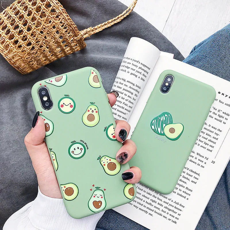 Avocado cartoon design on a green TPU back cover case for an Apple iPhone.