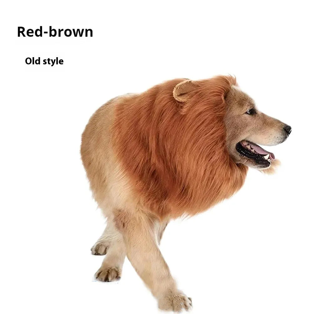 Dog wearing lion head costume wig in light brown colour with elastic neckband