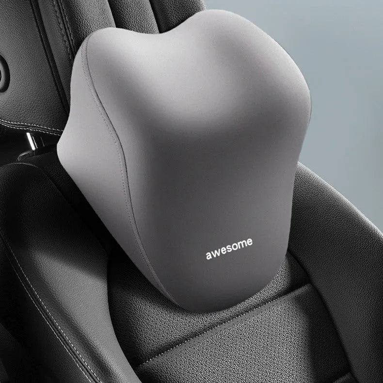 Y-black automotive headrest and lumbar support pillow set with memory foam filler on a car seat