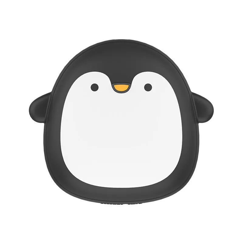 Cartoon penguin and polar bear USB rechargeable electric hand warmers showing dual-sided heating design