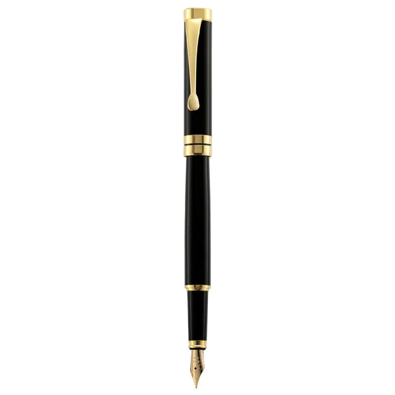 Metal fountain pen with colour options including black, blue, red, white with gold or silver clips