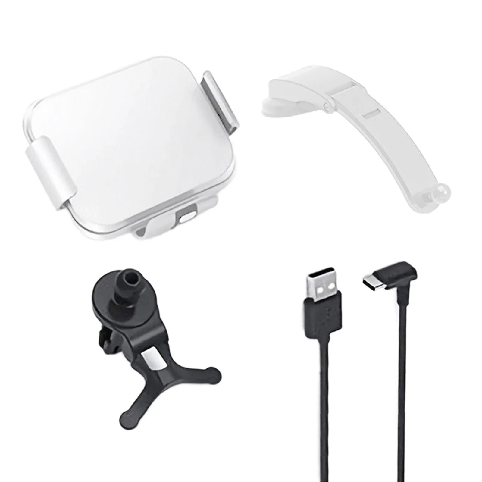 Grey wireless charging car phone holder with folding screen, showing air vent clip, suction cup, and disc mounts.