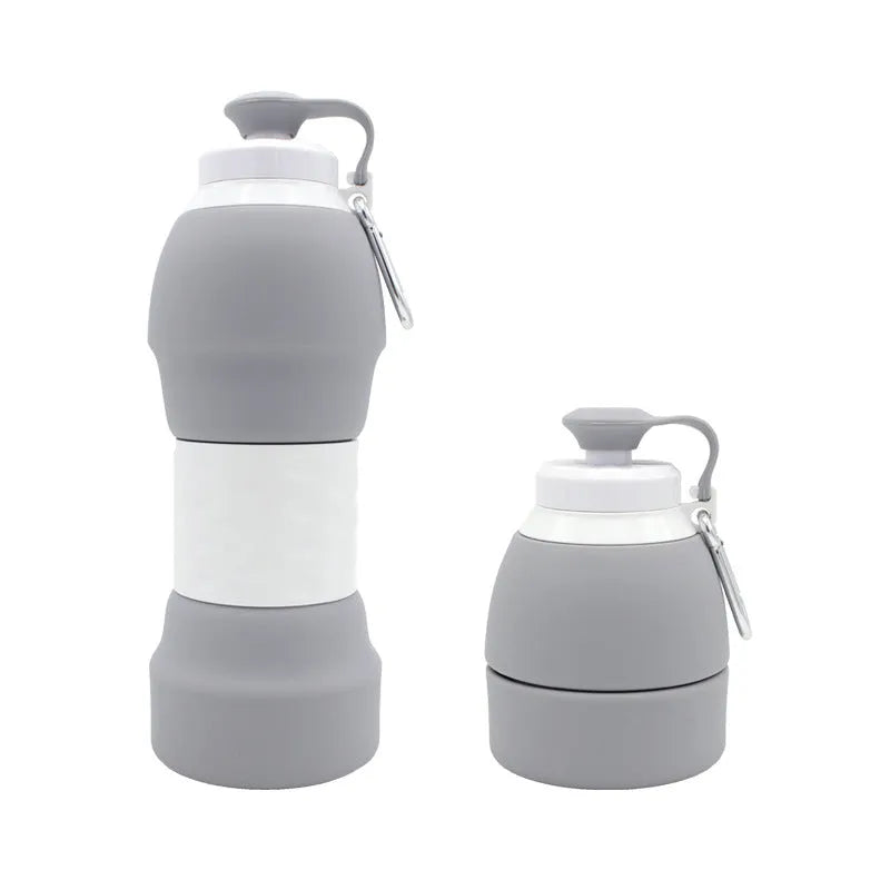 Blue silicone folding water bottle shown both fully expanded and folded to half its height