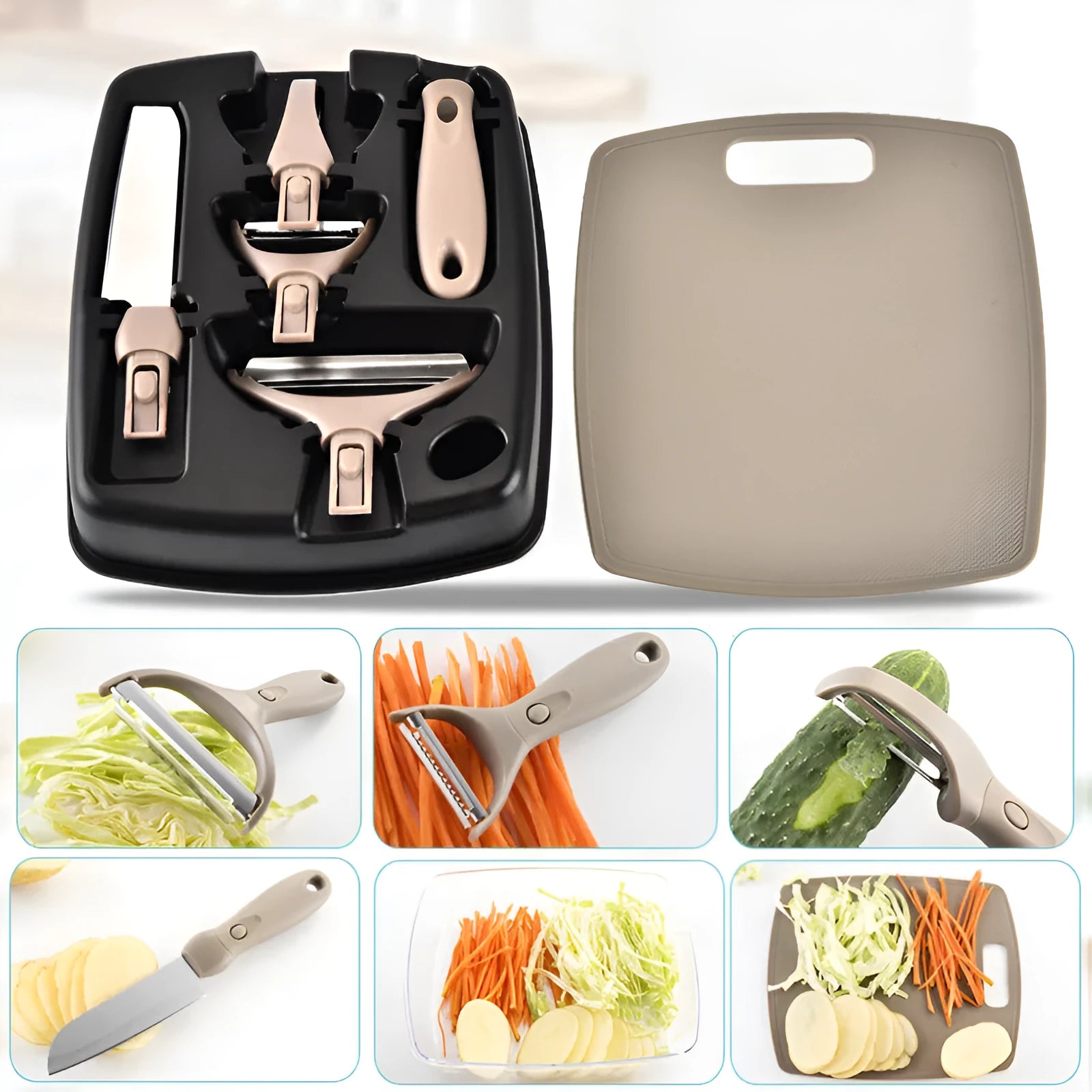 Green stainless steel cutter set with three tools and wheat straw chopping board for kitchen food preparation