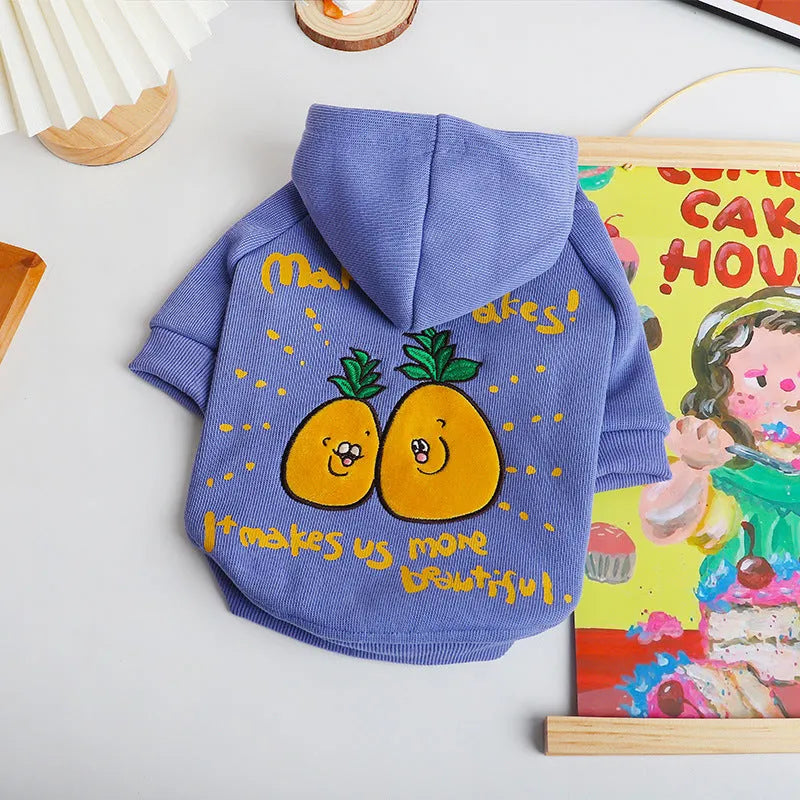 Blue and purple cotton pet hoodie with cartoon print design for winter wear