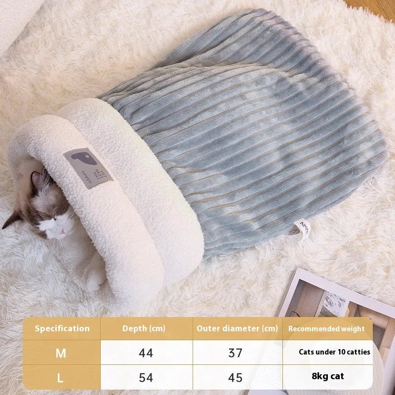 Brown grey white pet sleeping bag semi enclosed design for indoor cat dog use