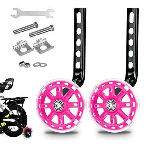 Children's bicycle training wheels kit with universal bracket, shown in assorted colours.