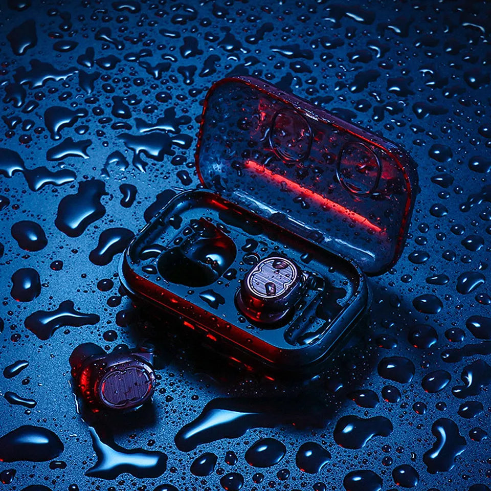 Wireless Bluetooth stereo earbud headset showing four colour options: black, white, red, and blue