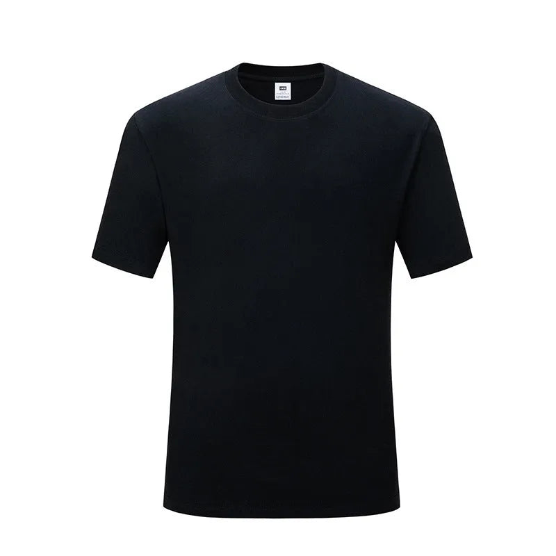 Men's black and white loose fit cotton t-shirt showing front view with round neck design