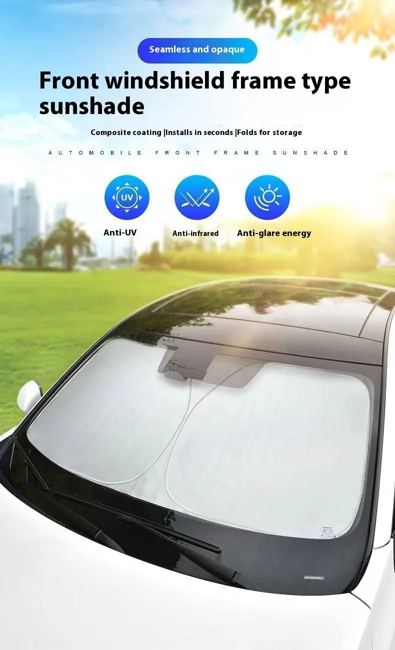 Aluminium foil car sunshade in titanium silver, shown in a rectangular shape for windscreen coverage.
