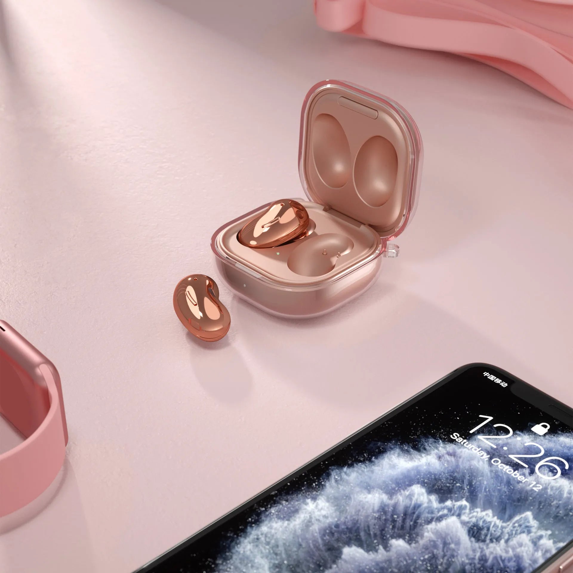 Translucent plastic replacement ear case for clamshell Bluetooth headphones in gold, black, purple, and clear.