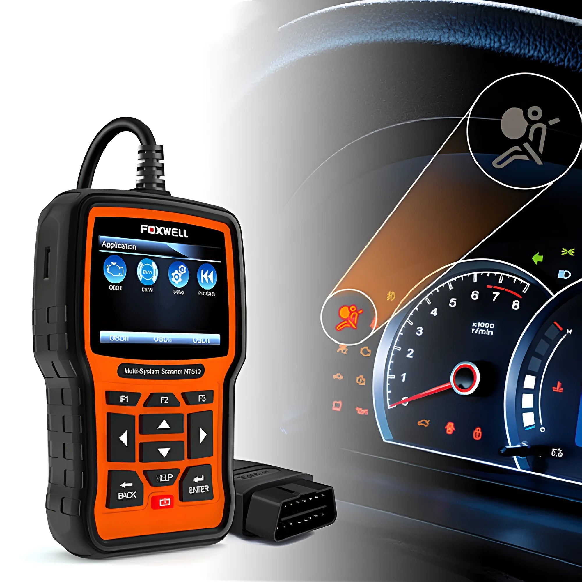 Foxwell NT510 orange and black automotive OBD2 diagnostic scanner with screen and cable.