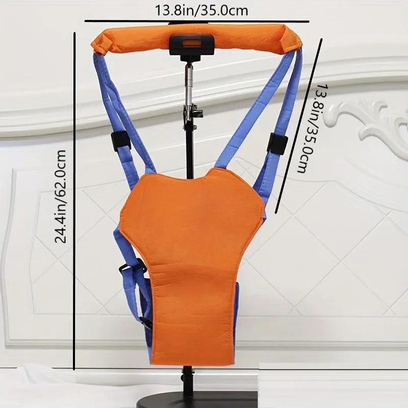 Baby toddler harness walk learning assistant in orange and blue with adjustable 52-62cm strap