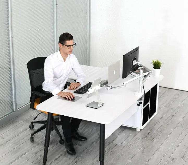 Silver foldable tablet stand showing 360-degree rotation mechanism with silicone anti-slip pads