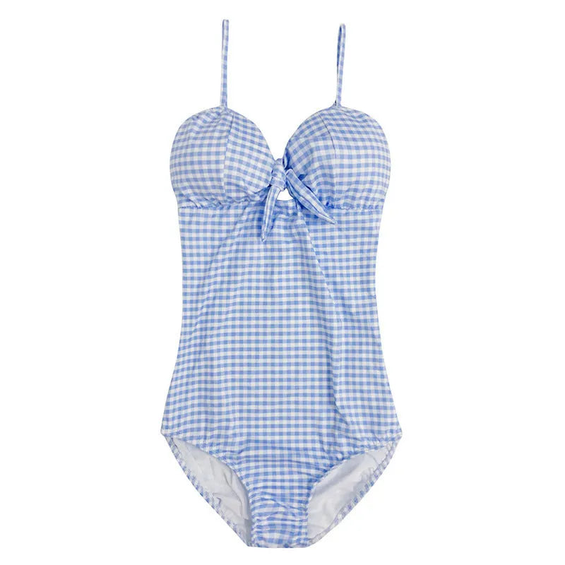 Blue and white plaid one-piece swimsuit for women on a mannequin.
