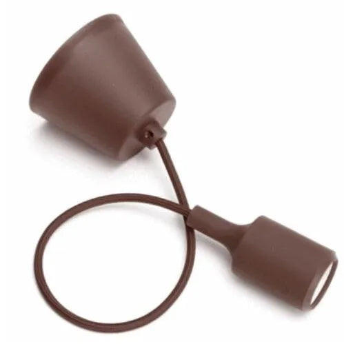 Silicone pendant light holder with black cord and E27 socket next to white and blue colour variants.