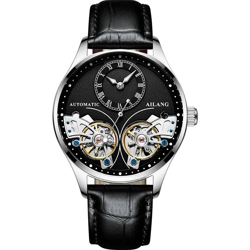 Automatic men's watch with tourbillon and moon phase on a round black dial in a titanium case.