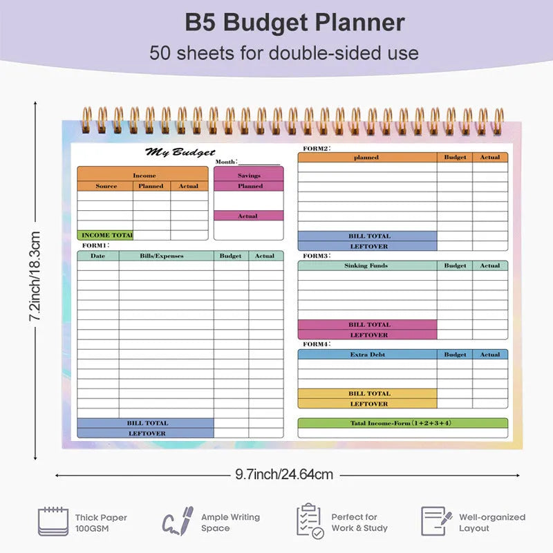 B5 spiral-bound wealth management notebook with PP cover for budget tracking