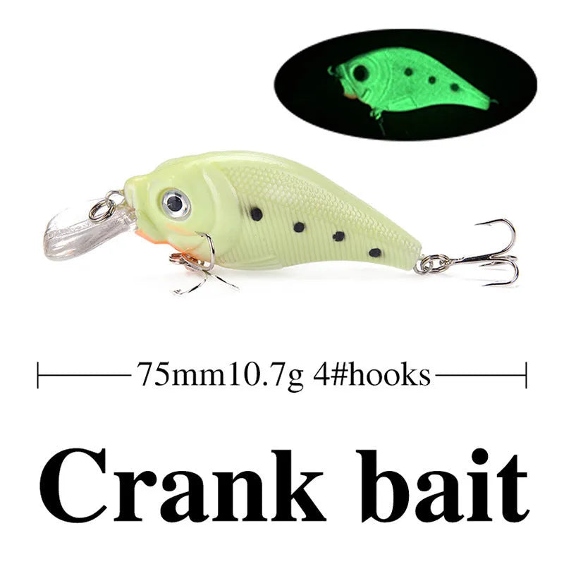 Set of five fluorescent 3D hard bait fishing lures with luminous finish on a blue background.