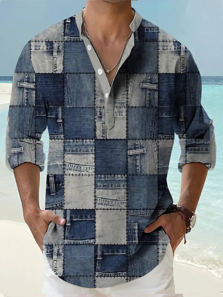 Men's thin striped Hawaiian long sleeve shirt in cardigan style on a hanger