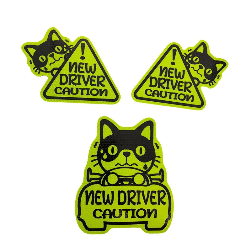 Set of three magnetic reflective car stickers showing cat, duck, and panda designs
