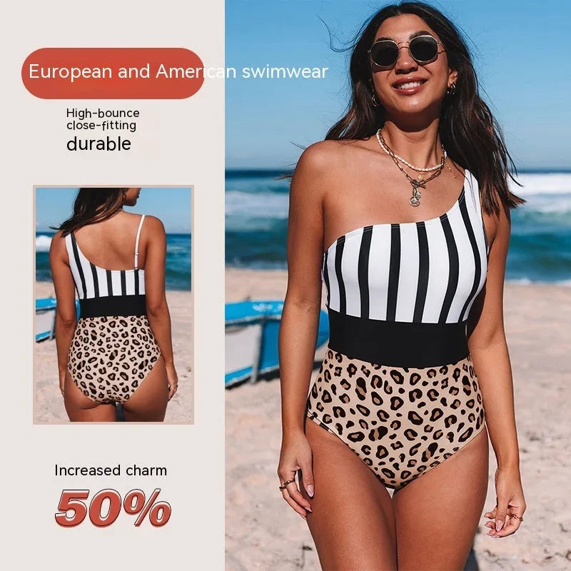 Women's leopard print high waist swimsuit with asymmetric collar design