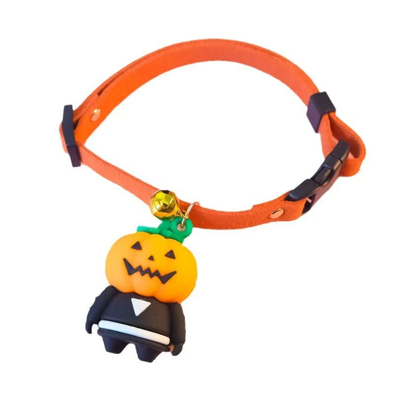 Halloween dog collar decoration in Pumpkin Man cartoon pattern showing size options.
