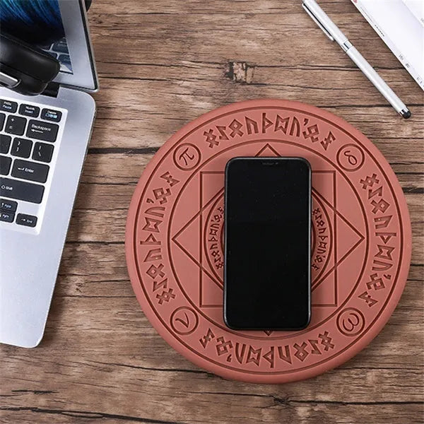 Square black 10W fast wireless charging pad with glowing magic array pattern for Qi phones