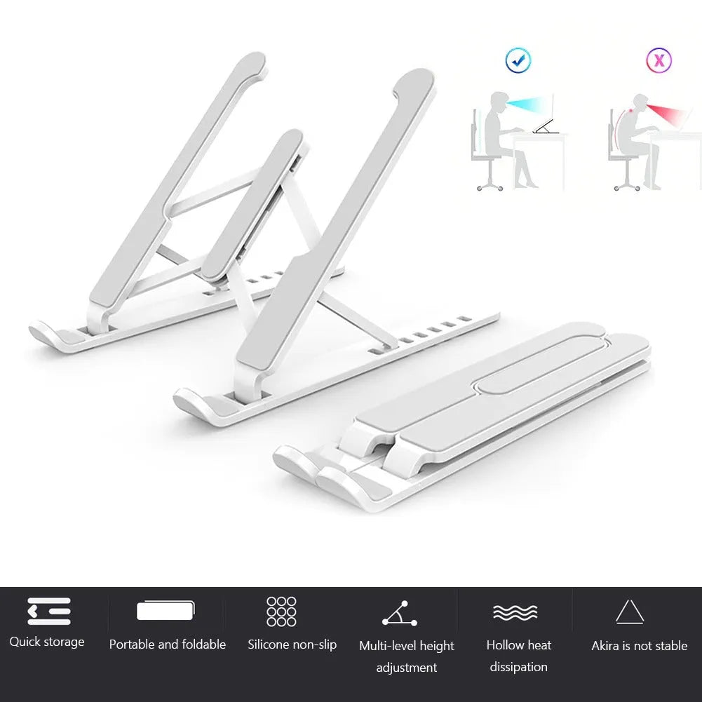 Black ABS adjustable laptop stand with 6 height gears folded flat on a white background