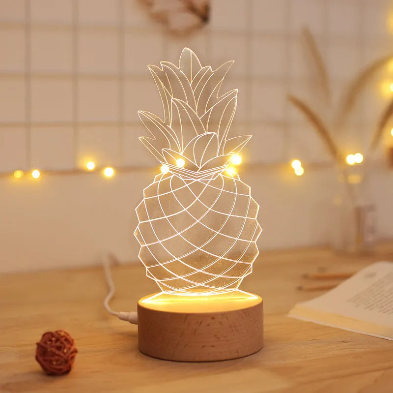 Cartoon pineapple shaped wooden and acrylic bedside table lamp with USB cable and dimmer buttons.