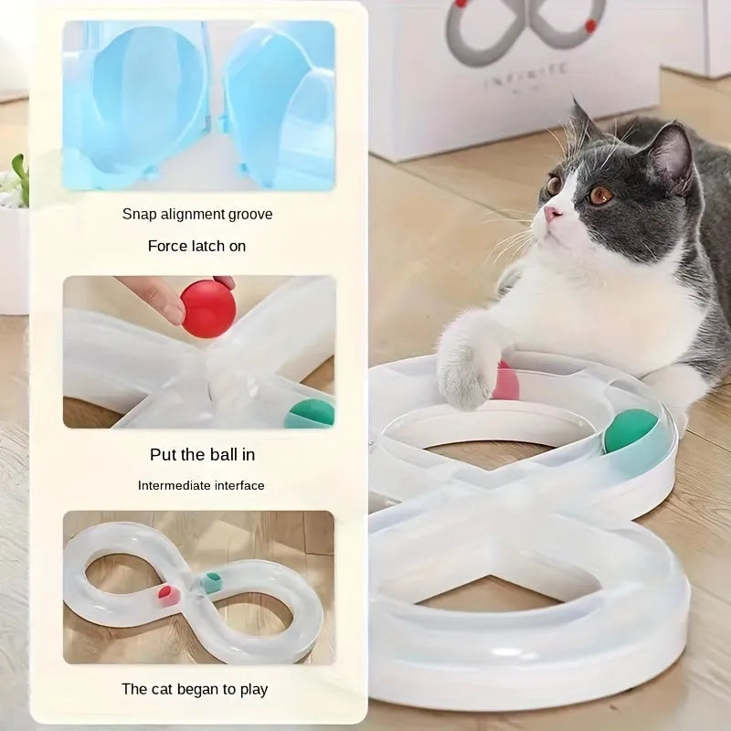 Cat toy set with turntable track ball amusement centre and teasing cat stick on blue background