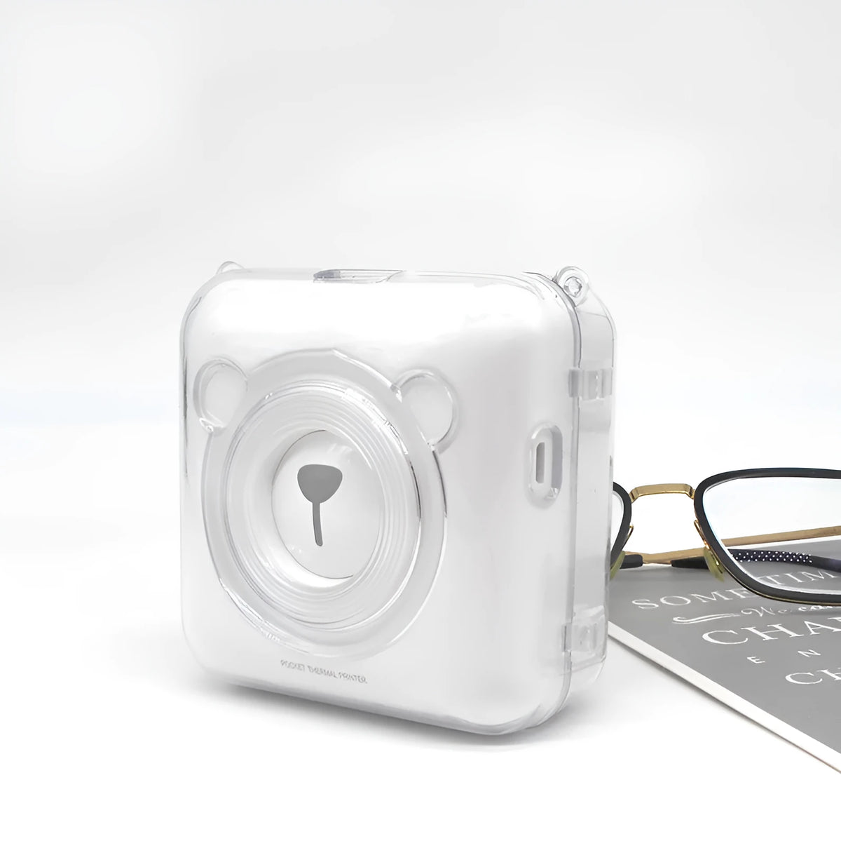 Crystal protective case for Eric Bear A6 thermal printer, PC material, simple colour design, placed on printer