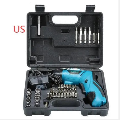 4.8V rechargeable electric screwdriver set with 180° rotating handle and battery indicator light in blue colour on white background