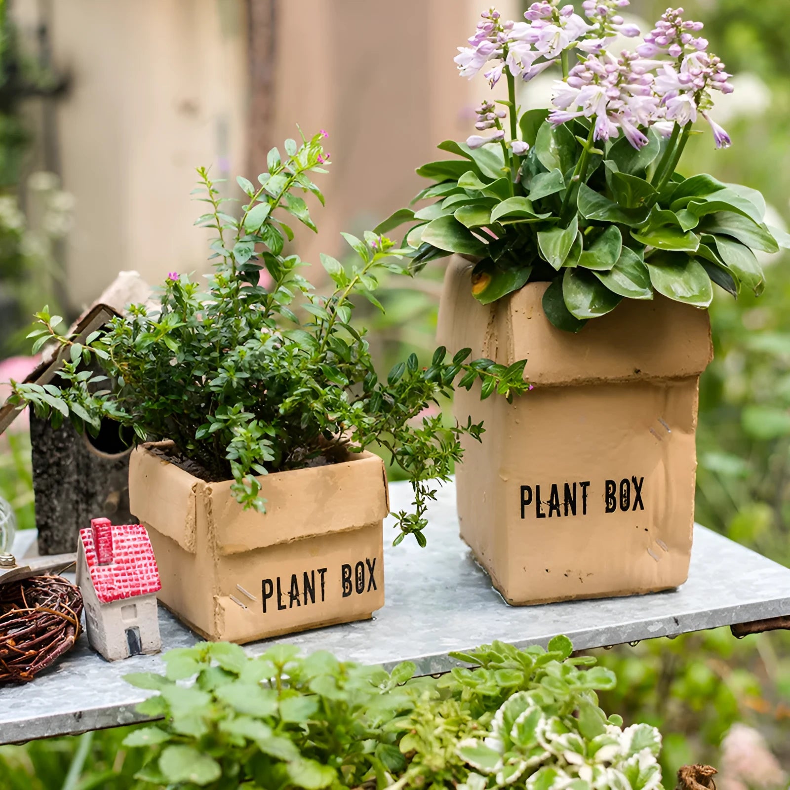 Cement brown paper box flowerpot with drainage holes for indoor planting