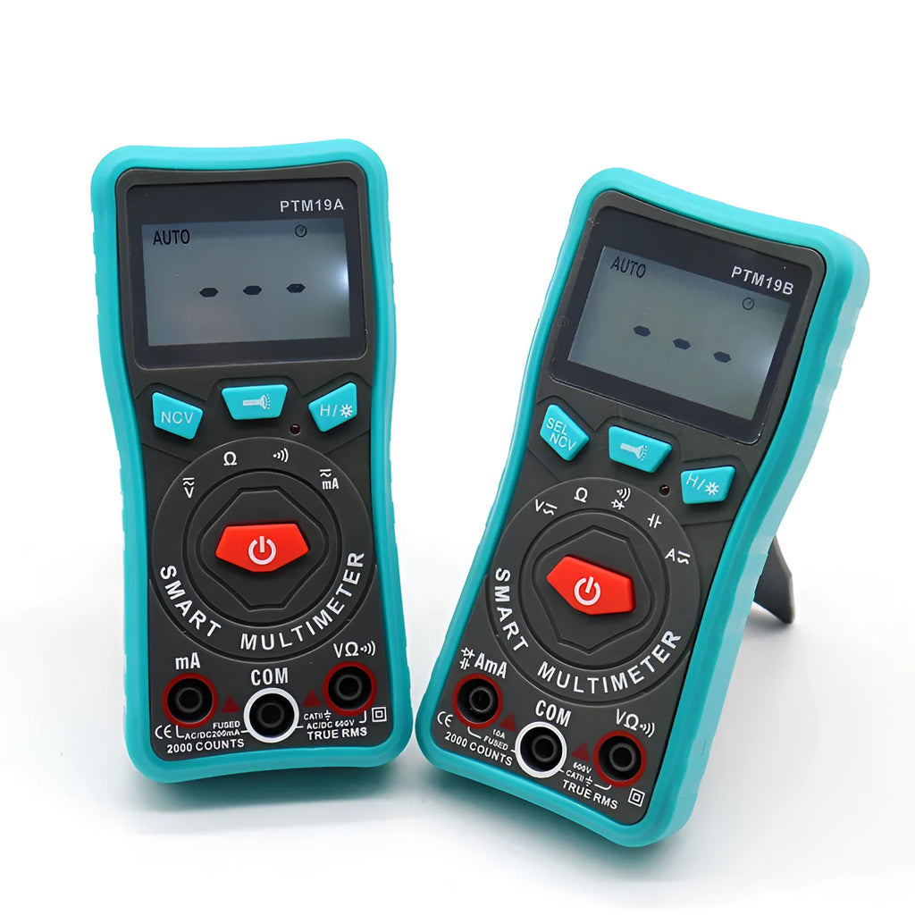 Green universal digital multimeter with automatic ranging and LED display on a table.