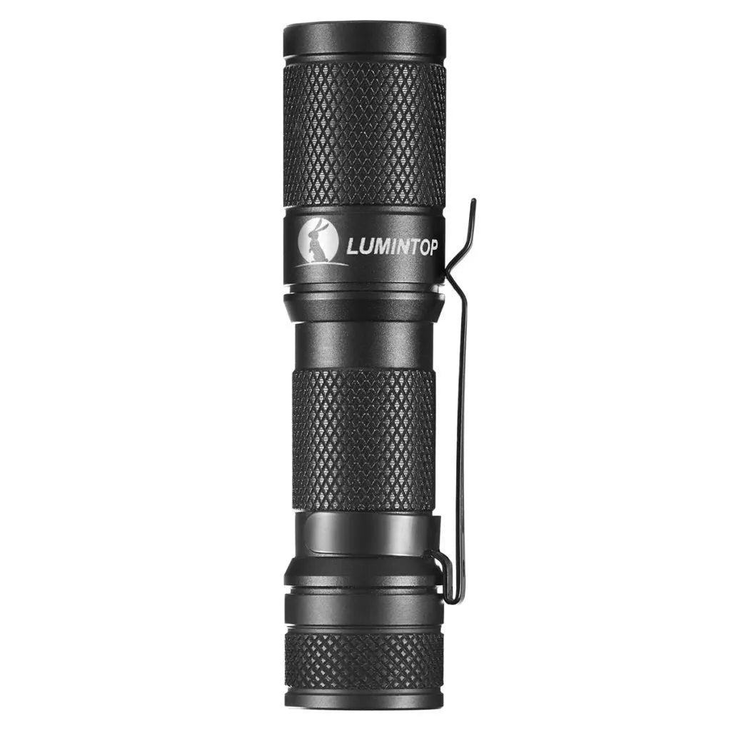 Lumintop Tool AA 2.0 black aluminium torch with keychain, shown next to included 14500 battery and diffuser.