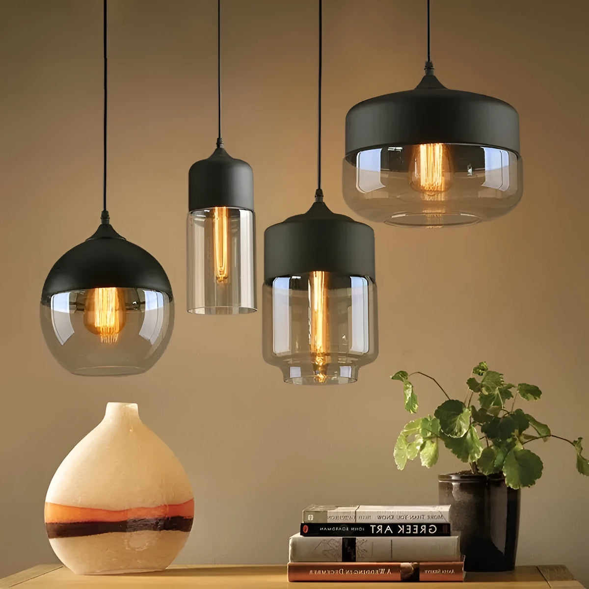 Industrial glass chandelier LED ceiling light with glass lampshade and button switch in American style