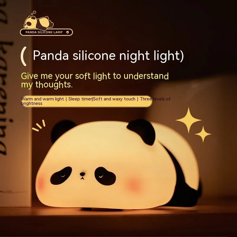 Panda-shaped silicone night light for kids with USB charging cable