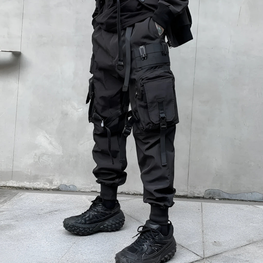 Men's black loose fit casual overalls with elasticated waist and binding hem, front view