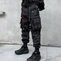 Men's black loose fit casual overalls with elasticated waist and binding hem, front view