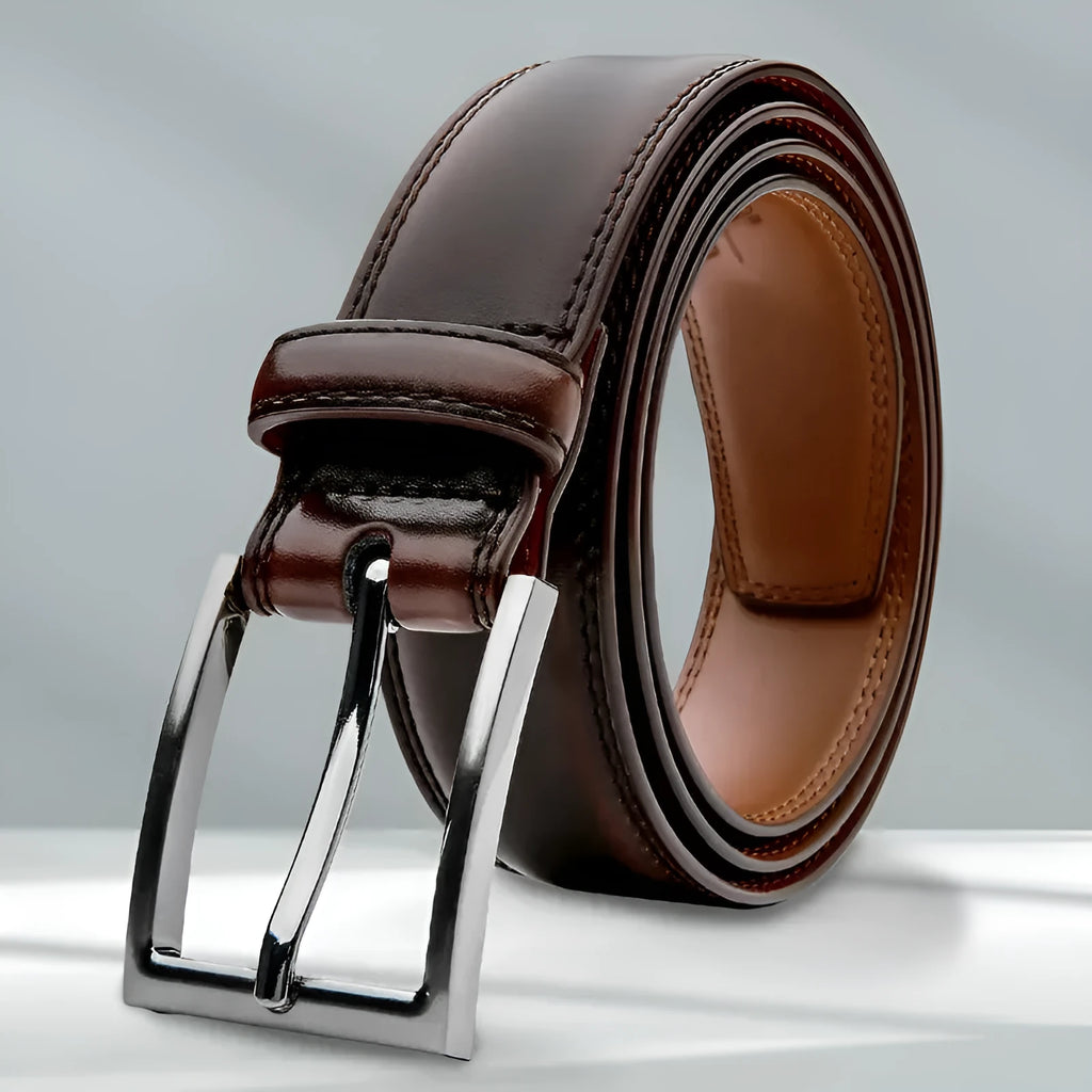 Men's brown genuine leather belt with 95 grain texture and a silver alloy buckle on a white background.
