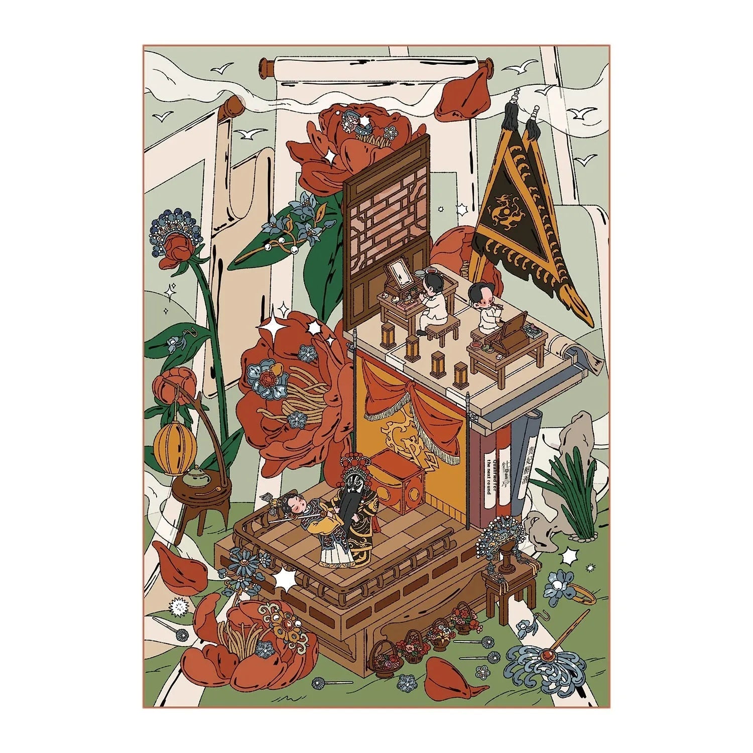 Three-dimensional landscape miniature sticker set with cartoon dreamy adventure scene on PET material.