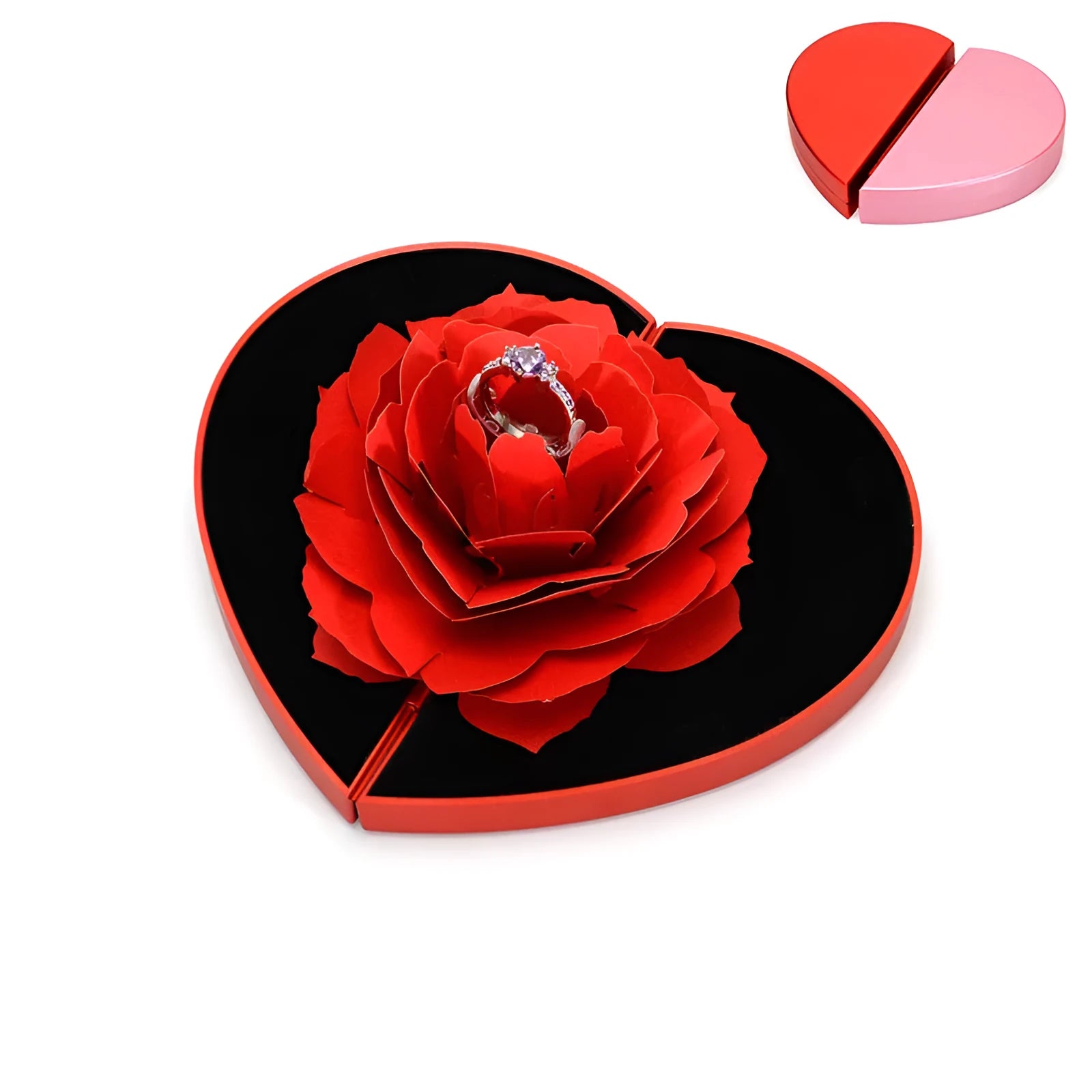 Red heart-shaped rotating plastic ring box for jewellery presentation